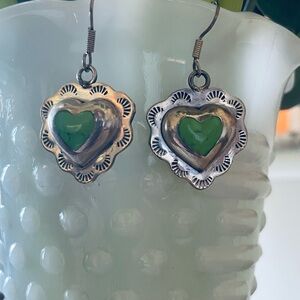 Vintage Mexican 925 Silver Earrings Green Turquoise Hearts